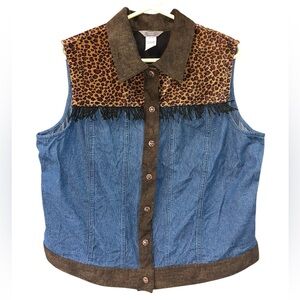 Stonebridge Denim Vest With Fringe and Leopard Print